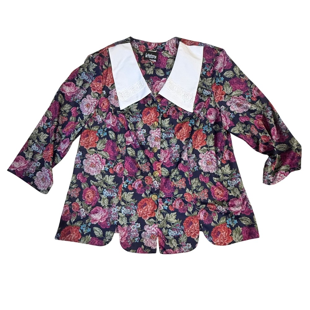 Whirlaway Frocks Floral Blouse Lace Collar Button Front Vintage 16 WP